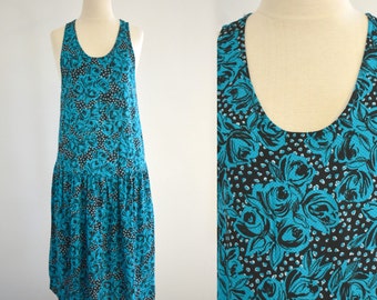 1980s Turquoise Rose Print Dress