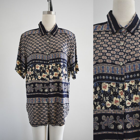 1980s Navy Printed Rayon Blouse - image 1