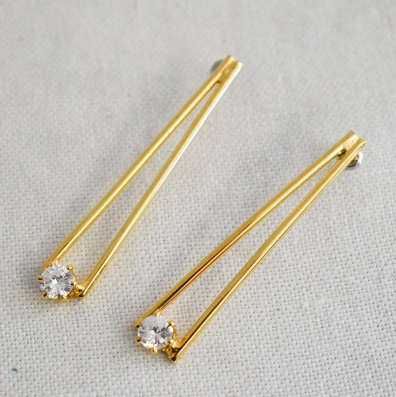 1970s/80s Gold and Clear Rhinestone Long Pierced … - image 1