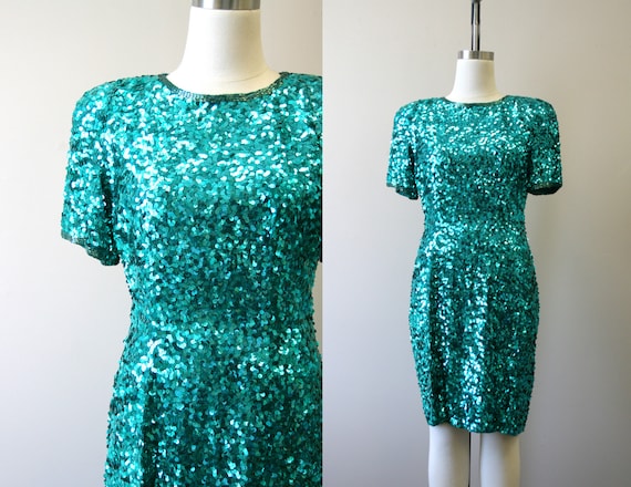 1980s Green Sequin Cocktail Dress