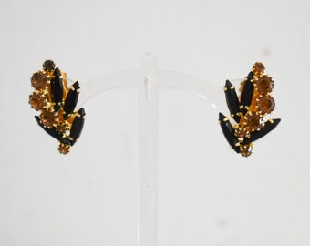 1950s/60s Orange and Black Rhinestone Clip Earrings