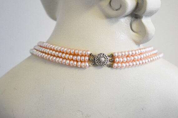 Vintage Peachy-Pink Faux Pearl Three Strand Neckl… - image 5