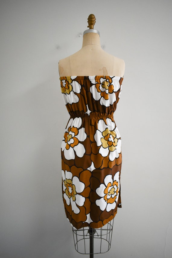 1970s/80s Brown Floral Strapless Mini Dress - image 5