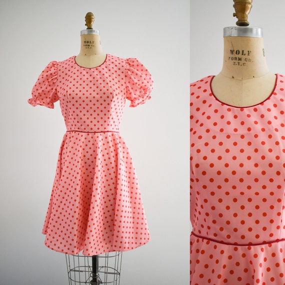 1970s Pink and Red Polka Dot Dress