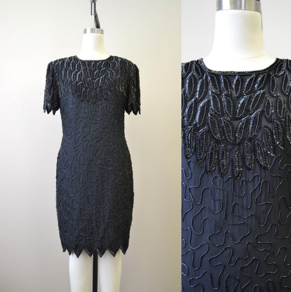 1980s Laurence Kazar Black Beaded Dress