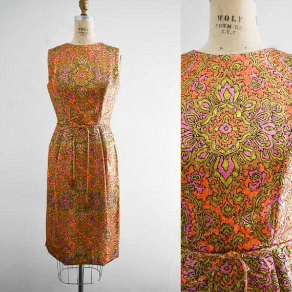 1960s Metallic Paisley Sheath Dress