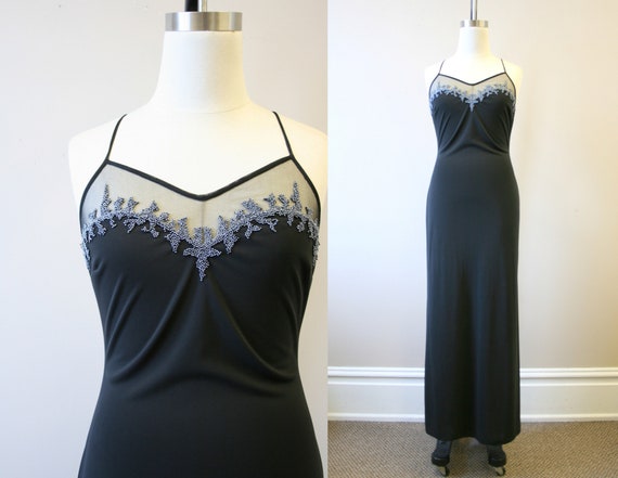 1990s Cache Black Beaded Slip Dress