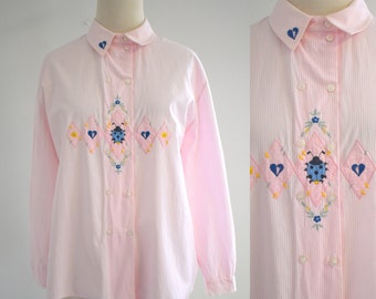 1980s Austrian Pink Striped Embroidered Blouse