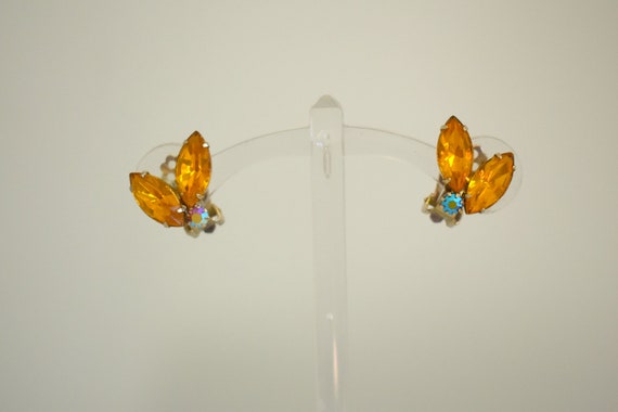 1960s Orange Rhinestone Brooch and Clip Earrings … - image 5