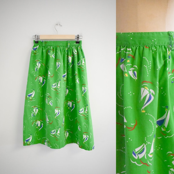 1980s Green Sailboat Print Midi Skirt