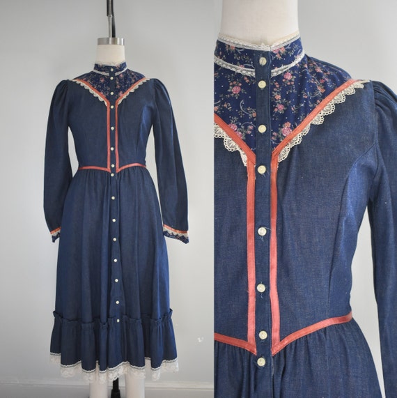 1970s Gunne Sax Denim Midi Dress