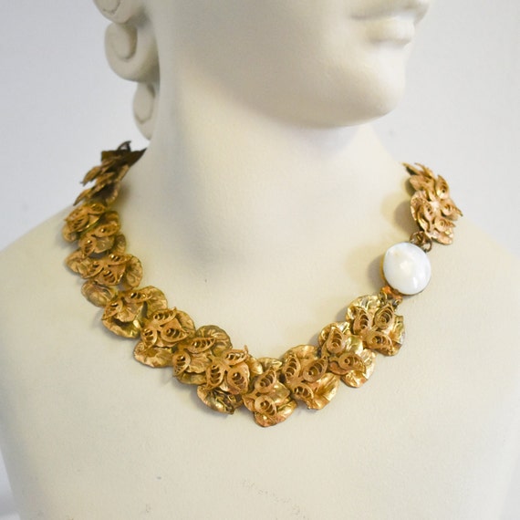 1930s/40s Brass Leaf Necklace with Shell Clasp - image 1