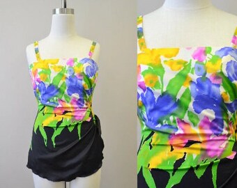 1980s Roxanne Watercolor Floral Skirted Swimsuit