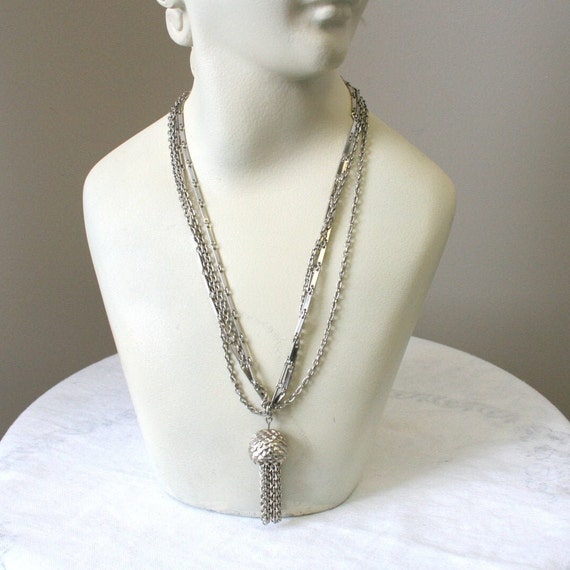 1960s Silver Chain Necklace with Chain Tassel Pen… - image 1