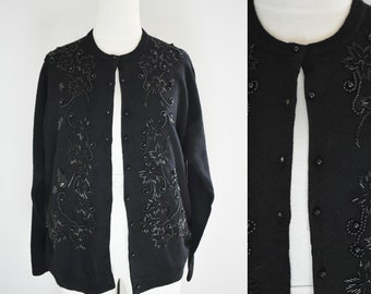 80s-does-50s Black Beaded Cardigan Sweater