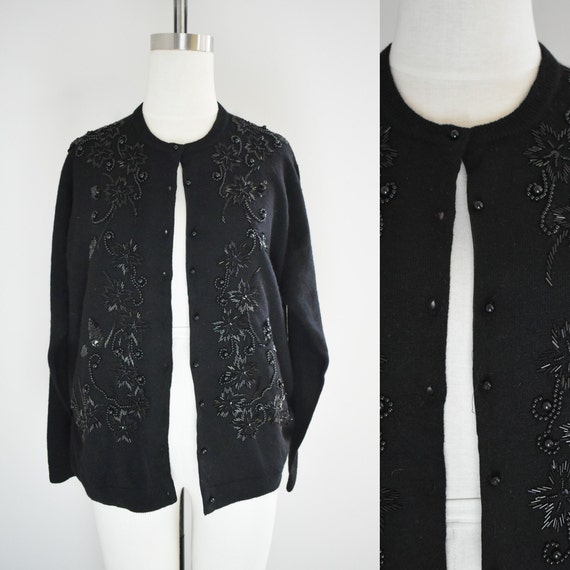 80s-does-50s Black Beaded Cardigan Sweater - image 1