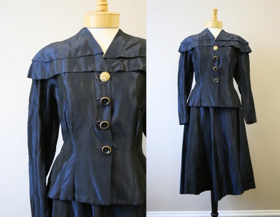 1940s Navy Taffeta Jacket and Skirt Set