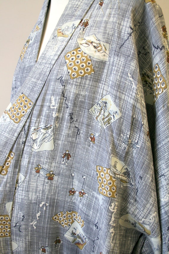 1940s/50s Gray Landscape Print Rayon Kimono - image 4