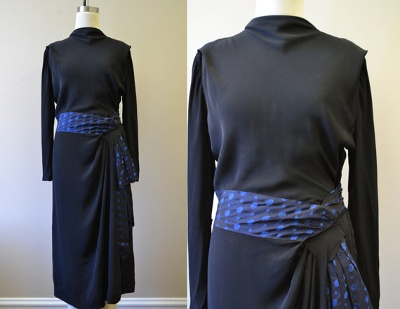 Late 1930s/Early 1940s Black Rayon Dress with Polk