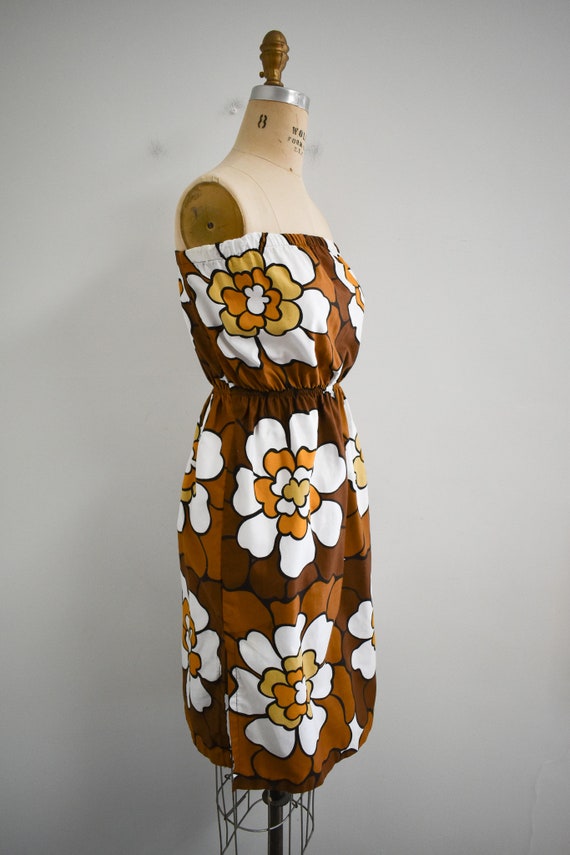 1970s/80s Brown Floral Strapless Mini Dress - image 4