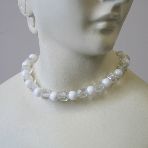 1950s White Glass and Crystal Bead Choker - image 1