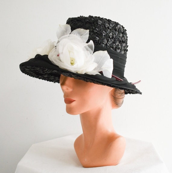 1960s Mr. Frank Black Straw Hat with Sheer White … - image 1