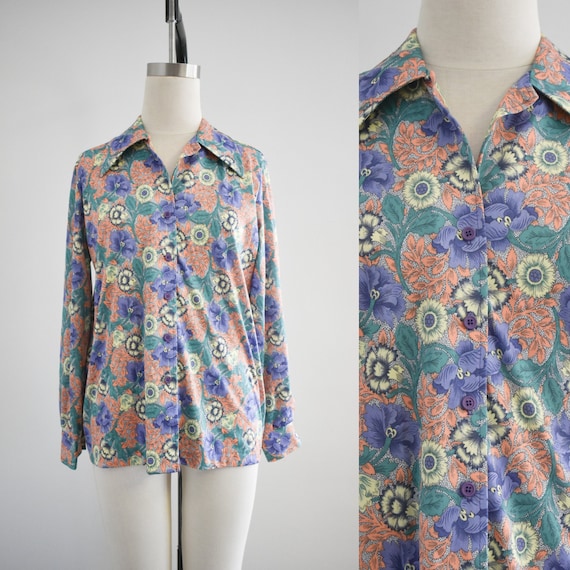 1970s Floral Knit Blouse - image 1