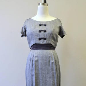 1950s Navy Herringbone and Satin Wiggle Dress