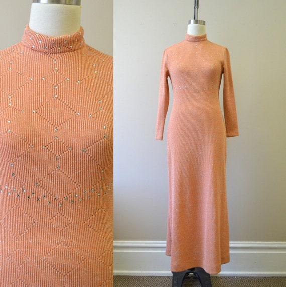 1970s Julie Francis Peach Knit Sparkle Maxi Dress - image 1