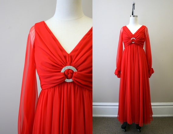 1970s Modern Couture Red Chiffon Formal Dress