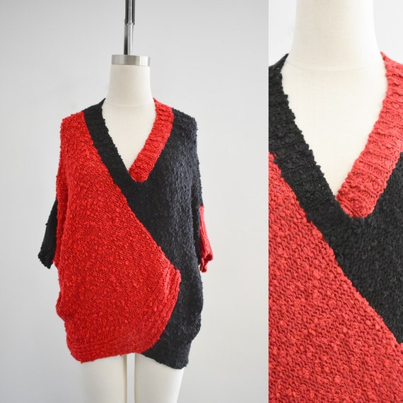 1980s Red and Black Boucle Cocoon Sweater - image 1