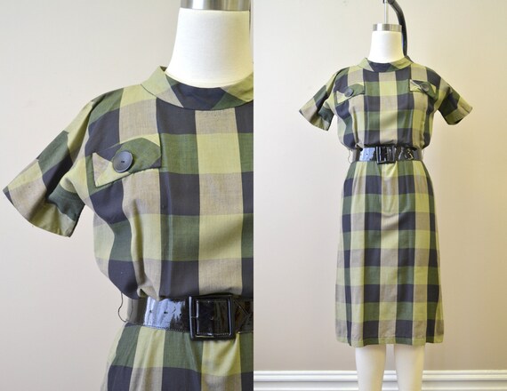 1950s Gilden Juniors Green Windowpane Plaid Dress