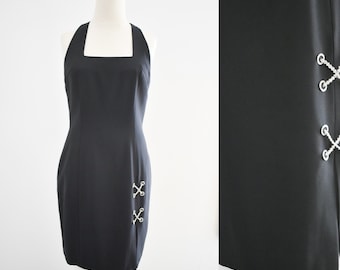 1990s Black Mini Dress with Rhinestone X Accents