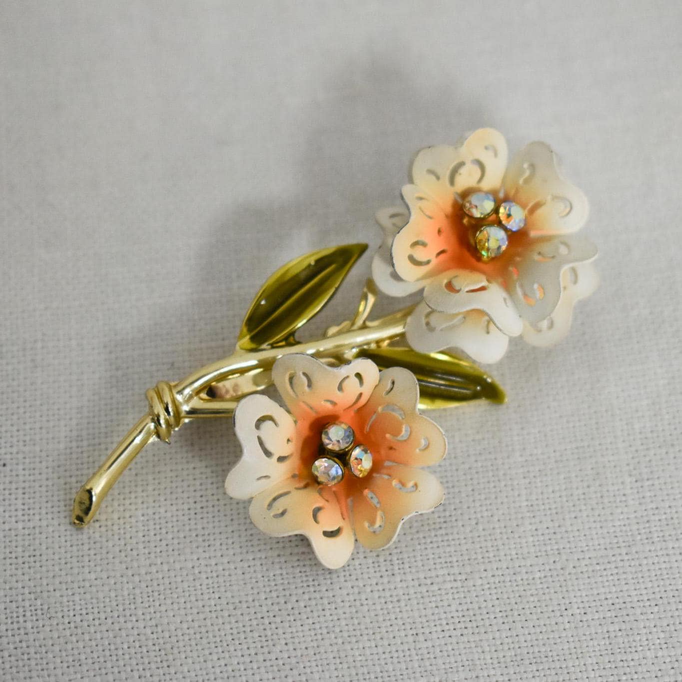 Vintage 1960s Metallic Orange Flower Brooch, Layered Floral