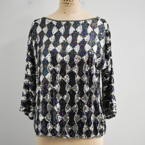 Vintage 80s Oversized Sequin Blouse Black 8 10 12