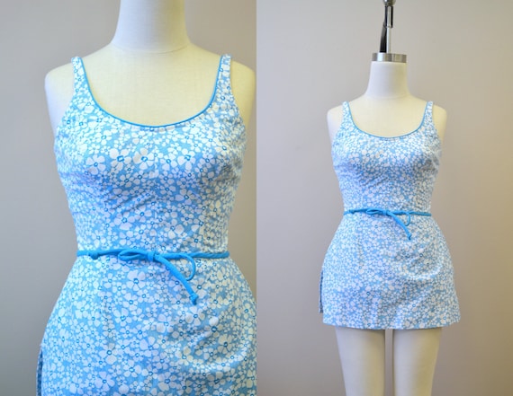 1960s Roxanne Blue Floral Skirted Swimsuit
