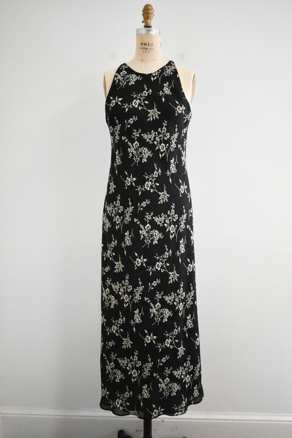 1990s Black Floral Bias Cut Maxi Dress - image 2