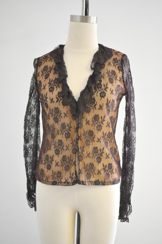 Blusa ilusi n desnuda de encaje negro de los a os 60 70 Etsy M xico