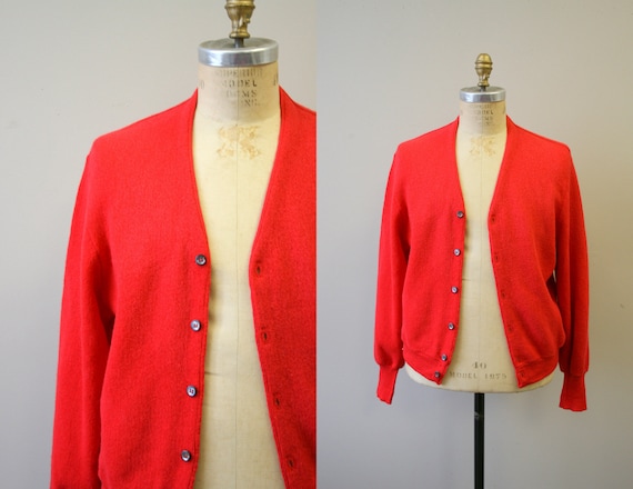 1960s Coral Red Alpaca and Wool Men's Cardigan Swe
