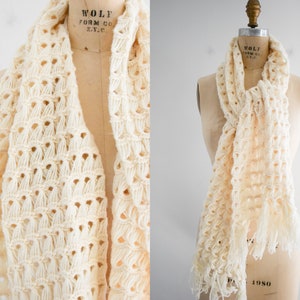 1970s Cream Open Knit Wide Fringed Scarf image 2