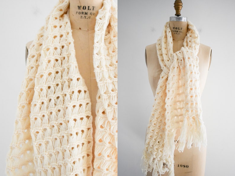 1970s Cream Open Knit Wide Fringed Scarf image 2