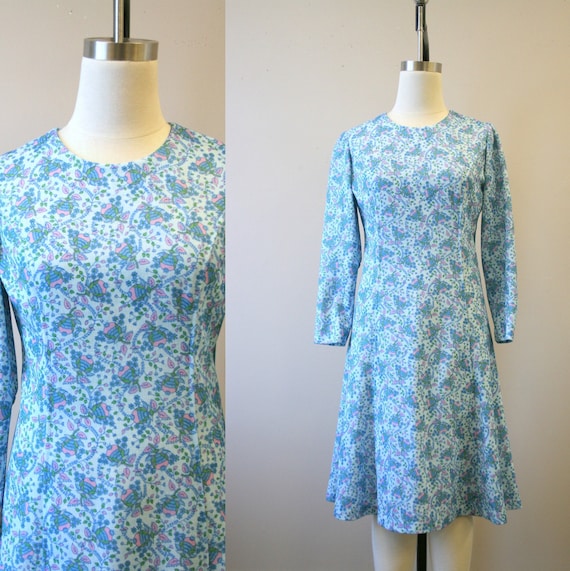1970s Blue Printed Polyester Knit Dress - image 1