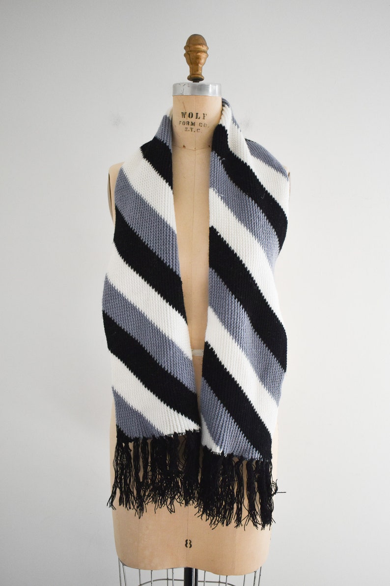 1960s/70s Gray, Black, and White Striped Sweater Knit Scarf image 3