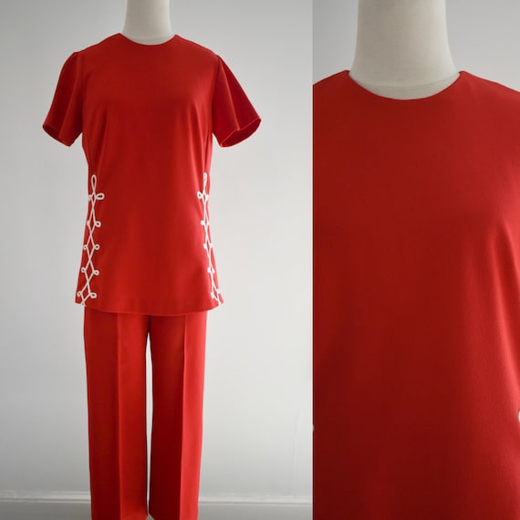 1970s Red Polyester Knit Pants Suit - image 1