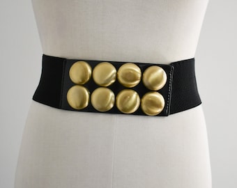 1990s Wide Black Elastic Belt with Gold Studs