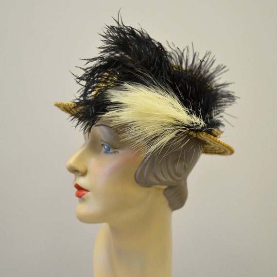 Vintage Straw Hat with Black and White Feathers - image 1