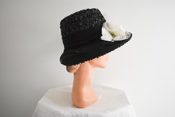 1960s Mr. Frank Black Straw Hat with Sheer White … - image 5