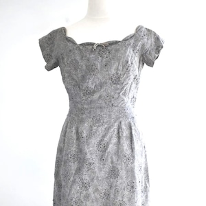 1950s Gray Floral Wiggle Dress with Rhinestones