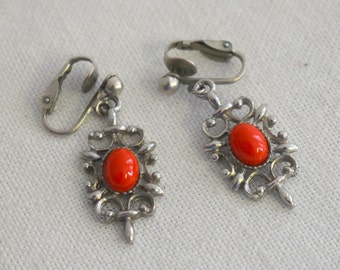 1970s Red and Silver Dangle Clip Earrings