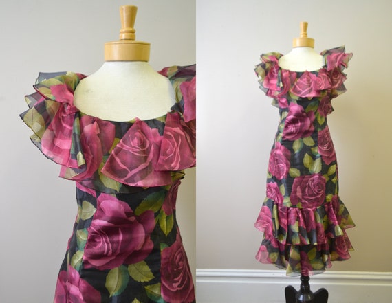 1980s Nacy Bracoloni Rose Ruffles Dress